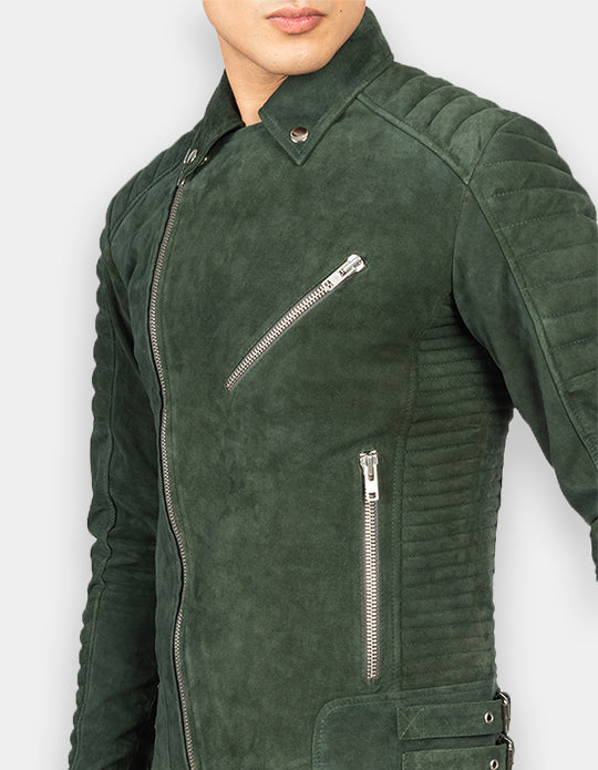 Olive Green Suede Leather Jacket for Men's